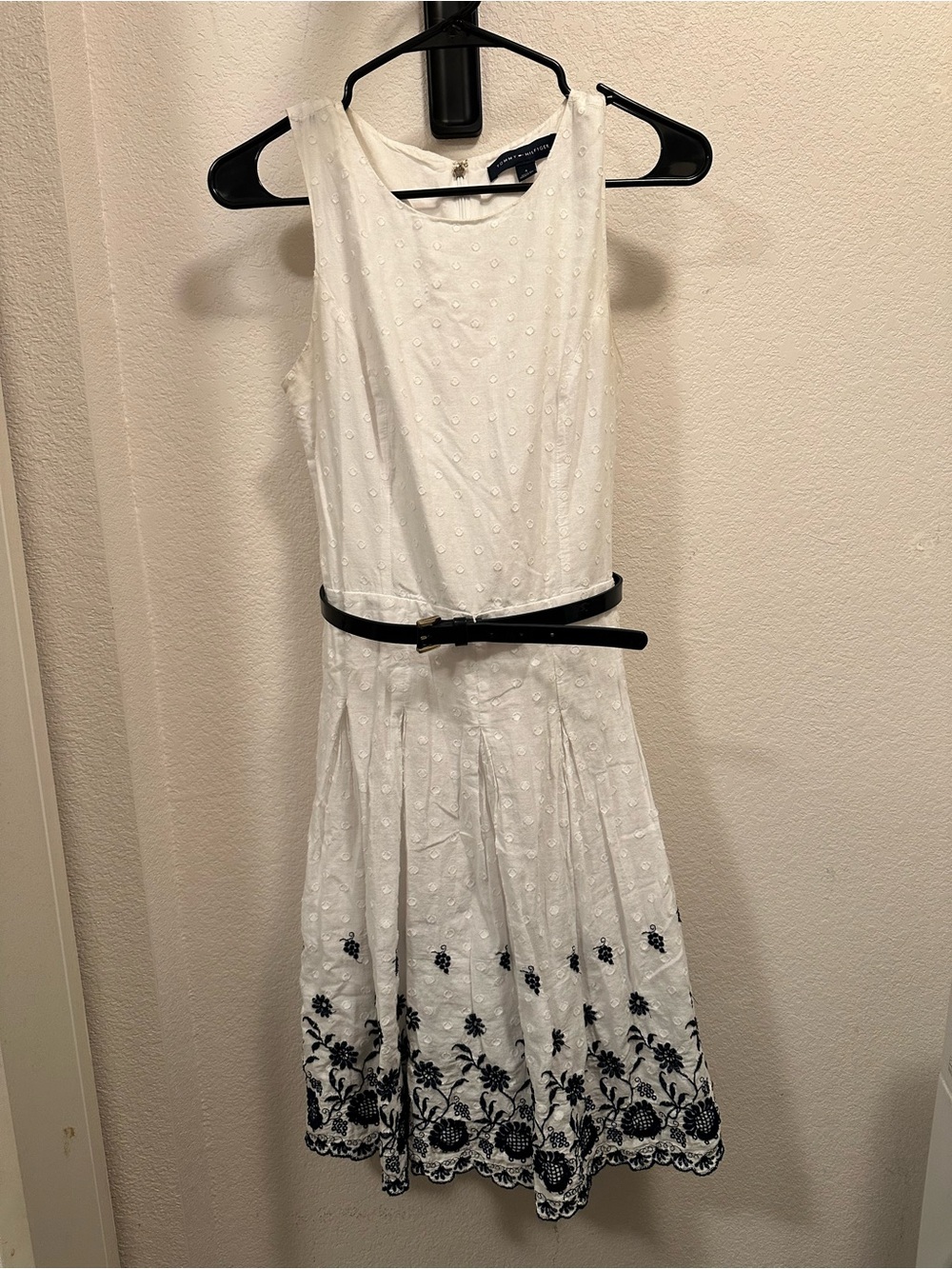 Tommy Hilfiger White Dress with Navy Blue Floral Hem